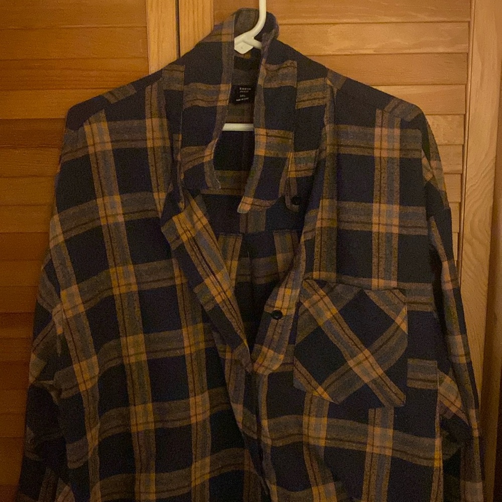 Plus Size. Plaid long sleeve button up. Cute blue and rust orange.